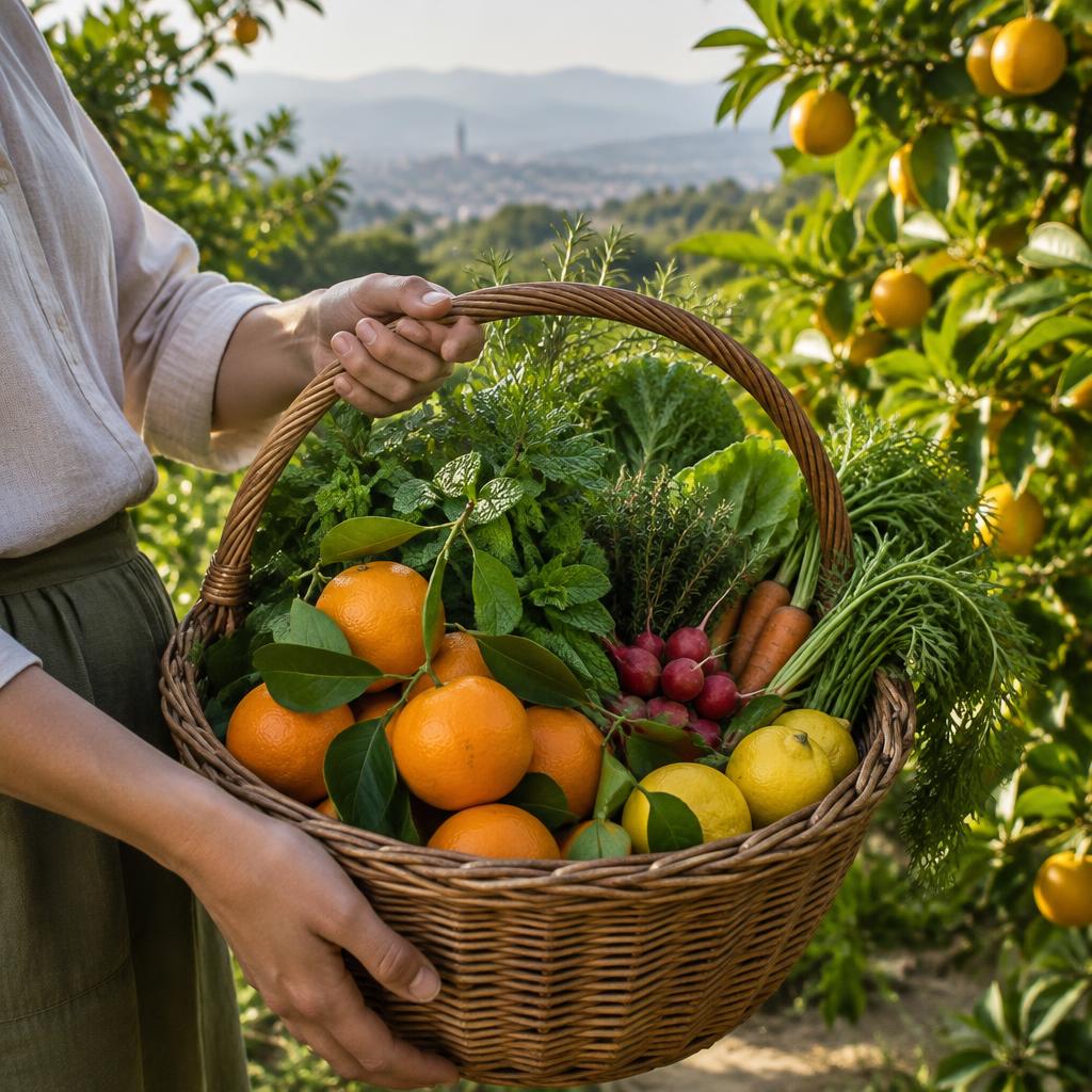 Fresh fruit, herbs and vegetables gathered at the farm