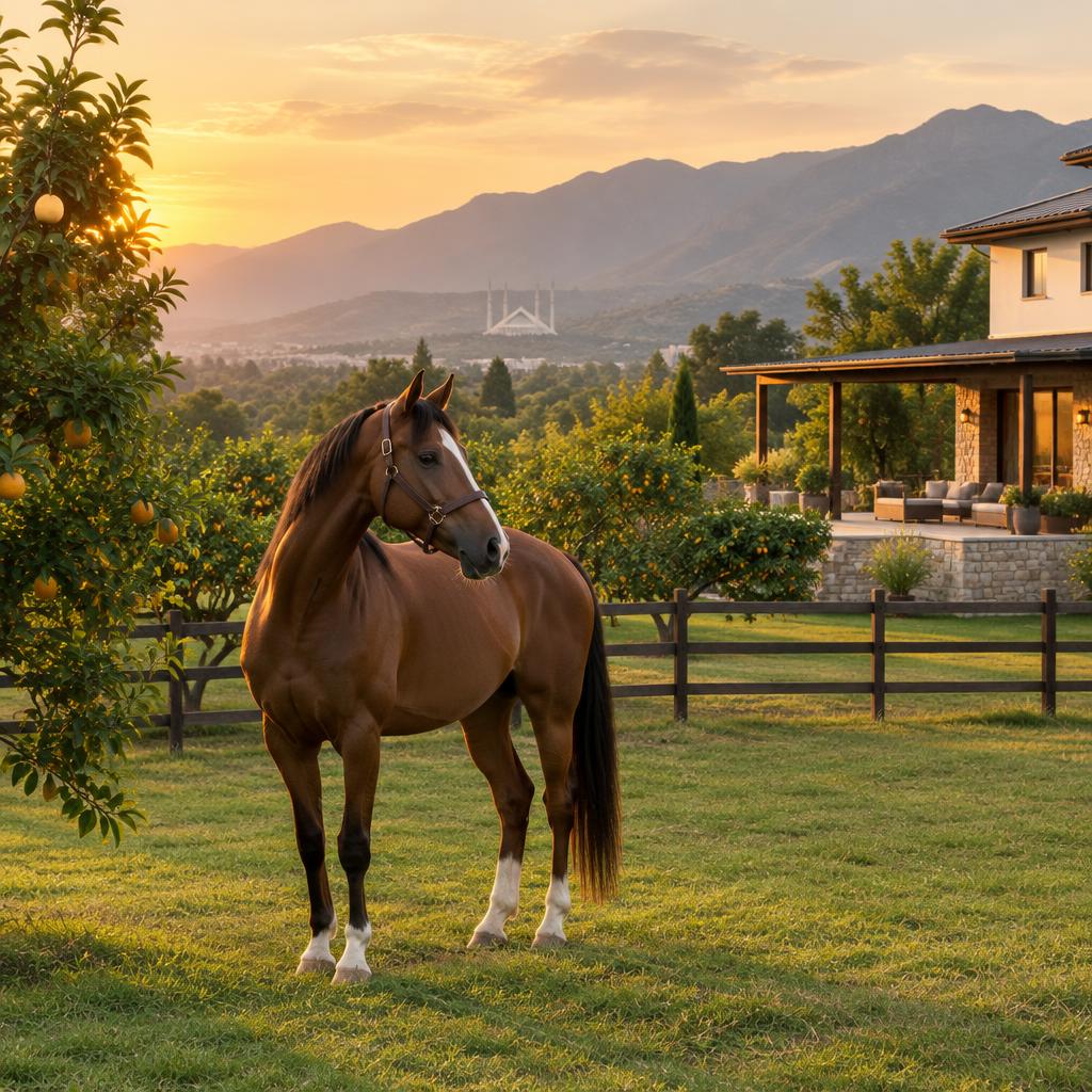 Horse in a farmhouse paddock at golden hour