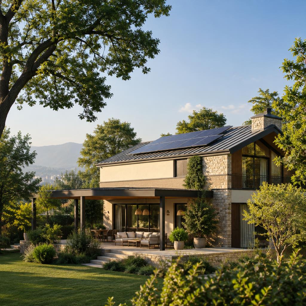 Solar-powered modern farmhouse among mature trees