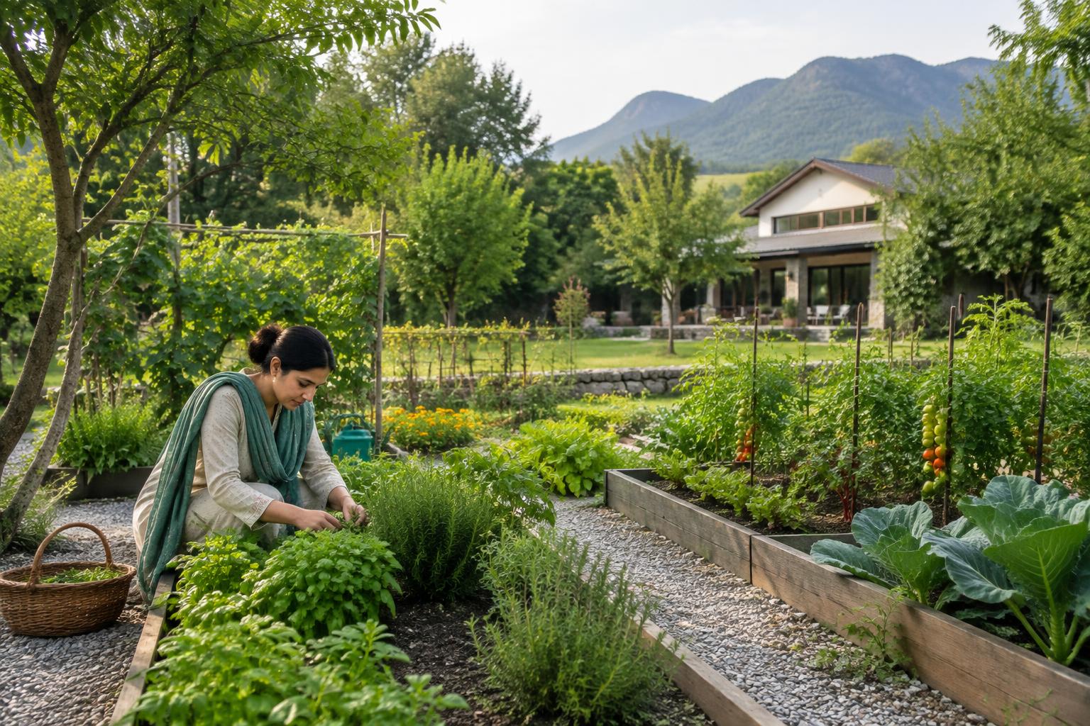 Gardener tending a productive kitchen garden