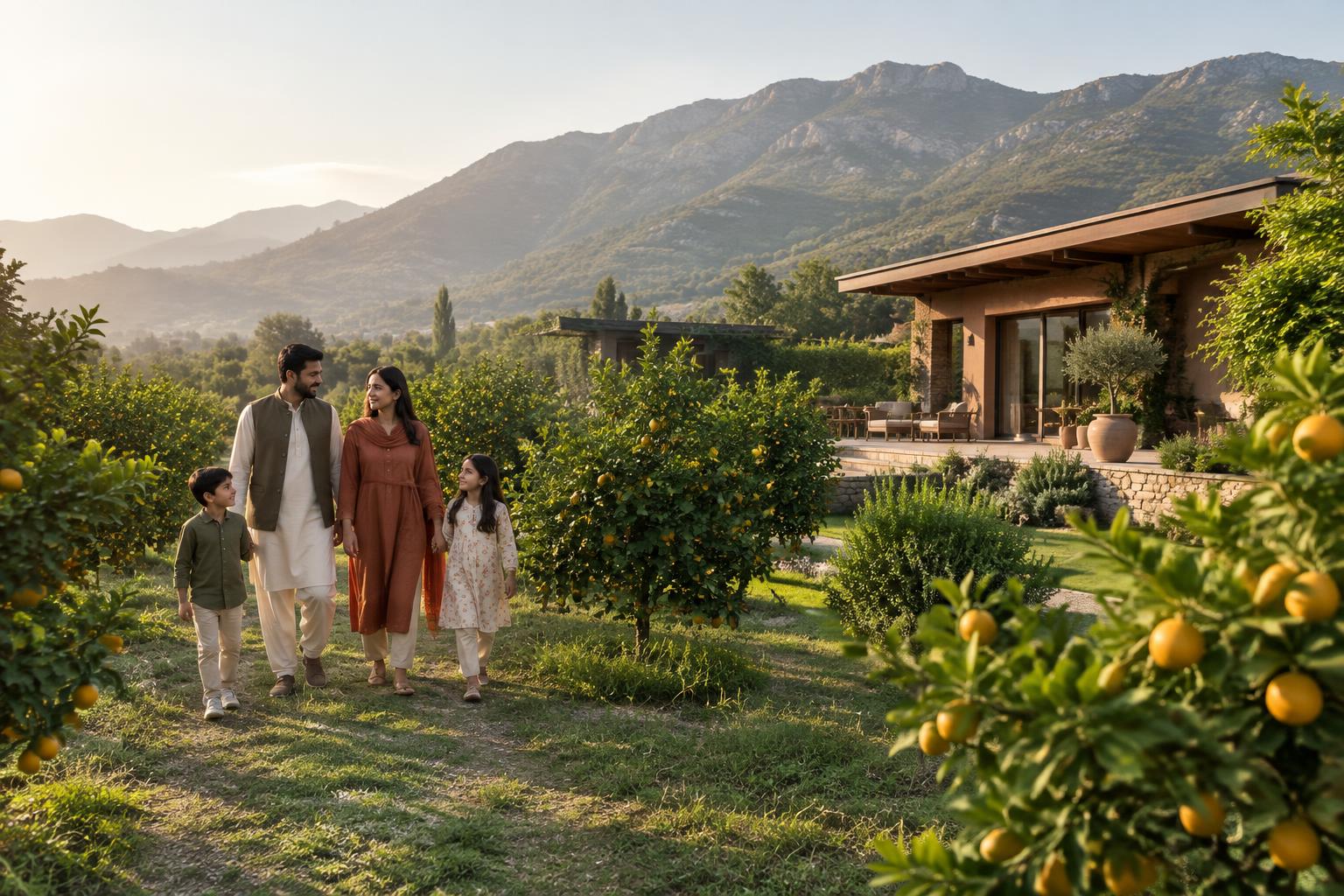 Family walking through a private citrus orchard